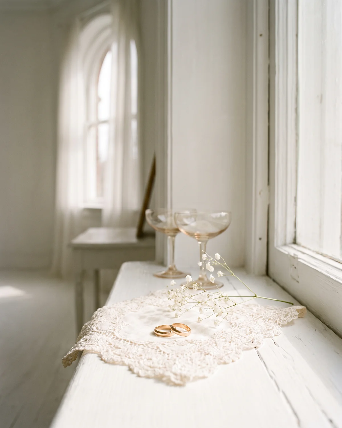 Two wedding rings and a sprig of gypsophila on a windowsill